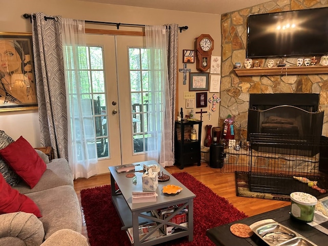 45 Settlers Crossing Way, Murphy, NC 28906 - living room featuring a fireplace, french doors, and wood finished floors