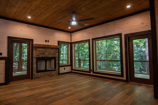 LOT3 Big Crk, Blue Ridge, GA 30513 - unfurnished living room with wooden ceiling, ceiling fan, wood finished floors, healthy amount of natural light, and a stone fireplace
