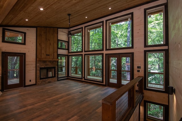 LOT3 Big Crk, Blue Ridge, GA 30513 - unfurnished living room featuring wood ceiling, wood walls, recessed lighting, dark wood-type flooring, and a fireplace