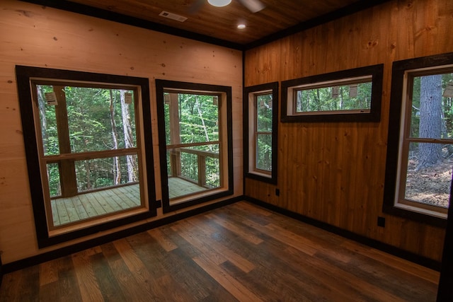 LOT3 Big Crk, Blue Ridge, GA 30513 - empty room featuring dark wood finished floors, wood walls, ceiling fan, and wooden ceiling
