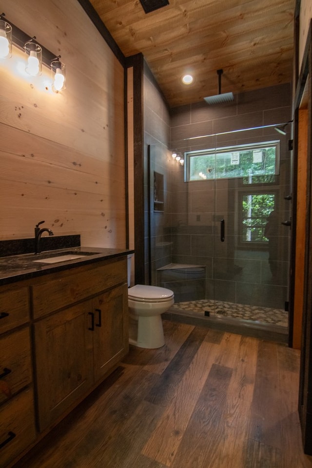 LOT3 Big Crk, Blue Ridge, GA 30513 - full bath featuring wood ceiling, vanity, a stall shower, wood finished floors, and wooden walls