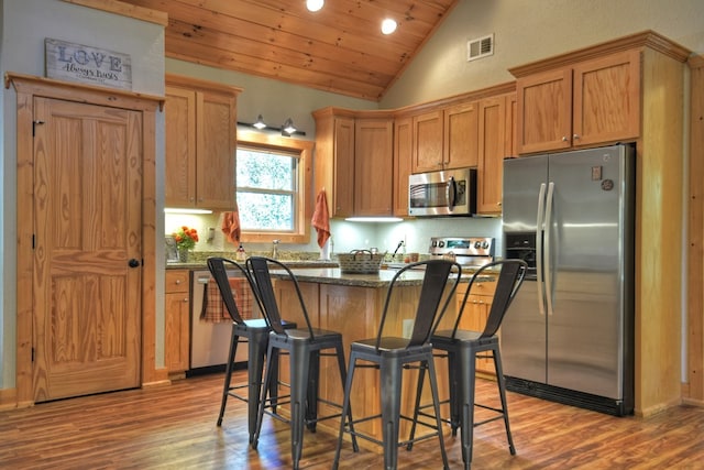 kitchen featuring stainless steel appliances, wood-type flooring, a kitchen bar, a kitchen island, and wood ceiling