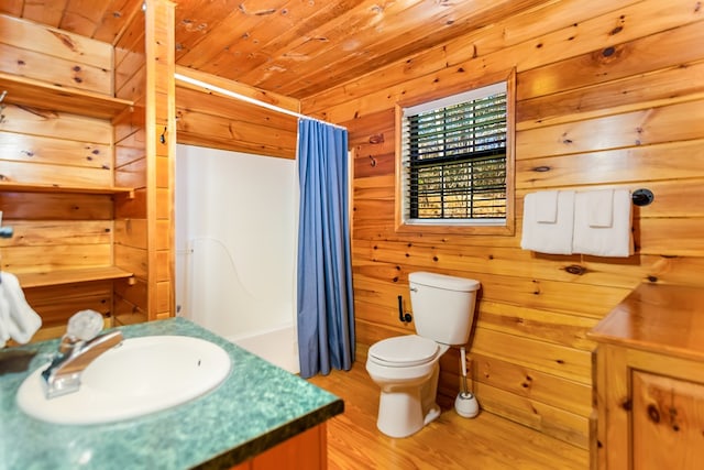 bathroom with wood walls, vanity, wood ceiling, and toilet