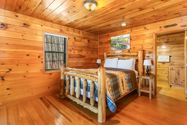 bedroom featuring wood walls, hardwood / wood-style floors, and wood ceiling