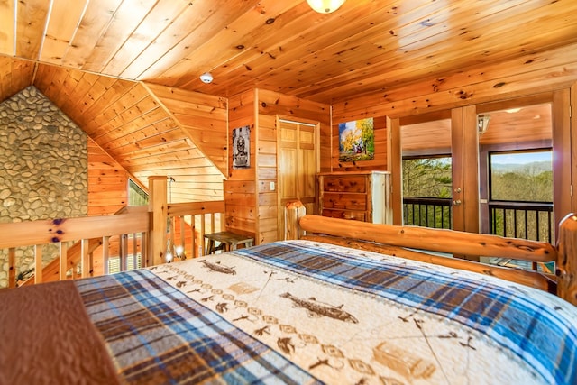 unfurnished bedroom featuring wood ceiling, access to outside, wooden walls, and vaulted ceiling