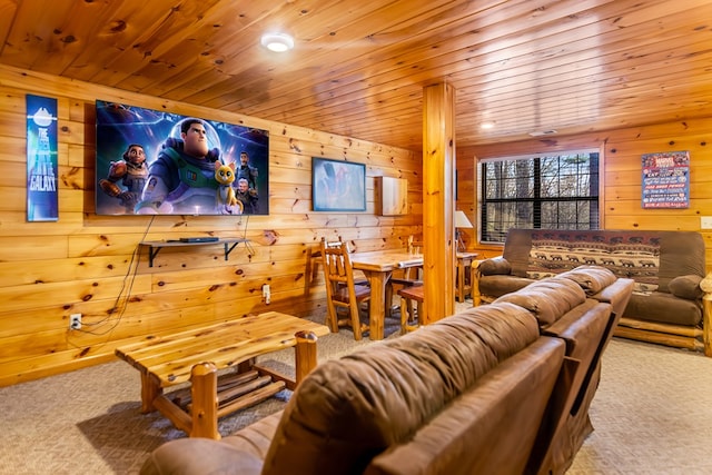 living room featuring carpet flooring, wooden walls, and wooden ceiling