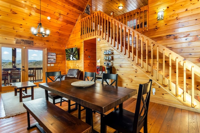 dining room with high vaulted ceiling, wood walls, a chandelier, wood-type flooring, and wood ceiling