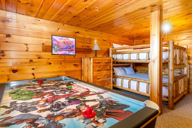 bedroom featuring carpet and wooden ceiling