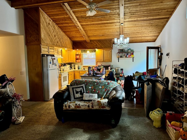 carpeted living room with ceiling fan with notable chandelier, wooden ceiling, and lofted ceiling with beams