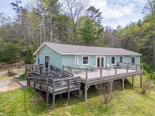 1244 Cook Creek Rd, Murphy, NC 28906 - rear view of house with a deck, a view of trees, french doors, and roof with shingles