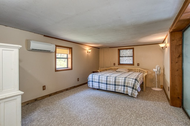 bedroom featuring baseboards, carpet, and an AC wall unit