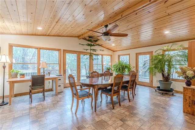 dining area with vaulted ceiling with beams, wood ceiling, and a wealth of natural light