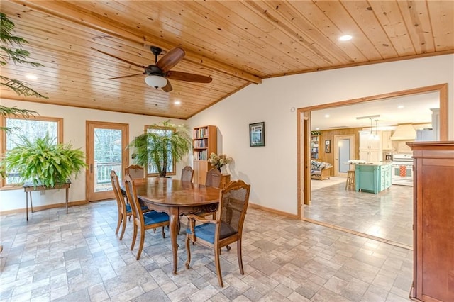 dining room featuring baseboards, a ceiling fan, lofted ceiling with beams, wooden ceiling, and recessed lighting