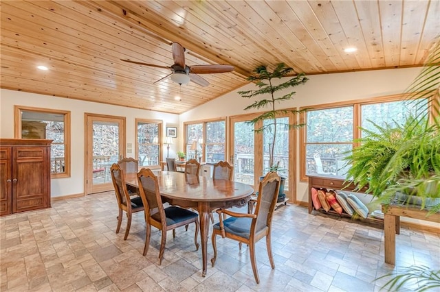 dining area with recessed lighting, stone tile flooring, wood ceiling, vaulted ceiling, and baseboards