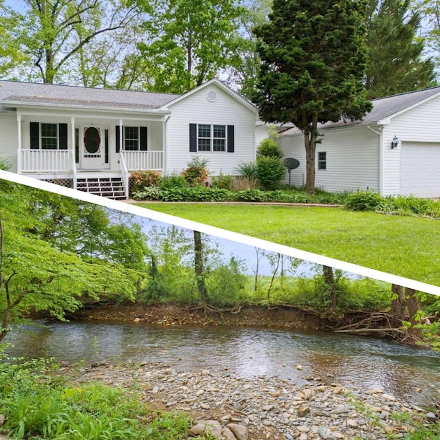59 Tusquittee Creek Ln, Hayesville, NC 28904 - view of front of home featuring covered porch, an attached garage, a front lawn, and a shingled roof