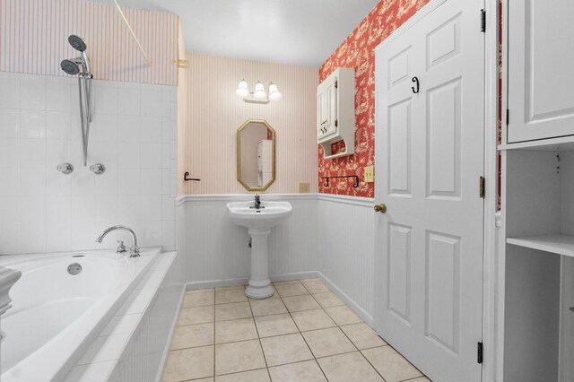 59 Tusquittee Creek Ln, Hayesville, NC 28904 - full bath with wallpapered walls, wainscoting, and tile patterned flooring