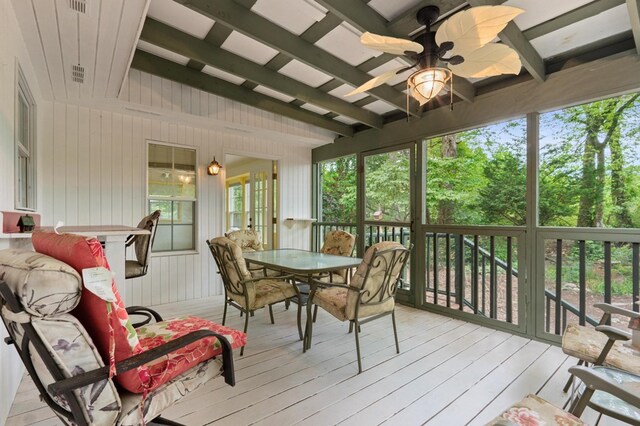 59 Tusquittee Creek Ln, Hayesville, NC 28904 - sunroom / solarium with outdoor dining space, ceiling fan, and beamed ceiling