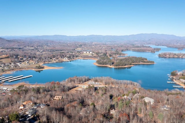 bird's eye view featuring a water and mountain view