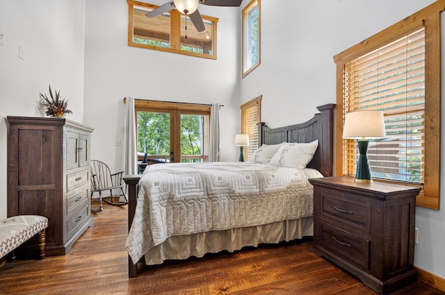 558 Tipton Springs Rd, Morganton, GA 30560 - bedroom with dark wood finished floors, multiple windows, a towering ceiling, and access to exterior