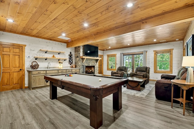 558 Tipton Springs Rd, Morganton, GA 30560 - rec room featuring wood ceiling, a fireplace, light wood-style flooring, billiards table, and recessed lighting
