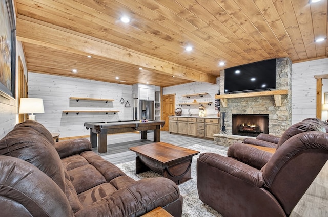 558 Tipton Springs Rd, Morganton, GA 30560 - living room with wooden ceiling, light wood-type flooring, wooden walls, pool table, and a fireplace