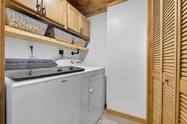 558 Tipton Springs Rd, Morganton, GA 30560 - washroom with cabinet space, washing machine and clothes dryer, baseboards, and wooden ceiling