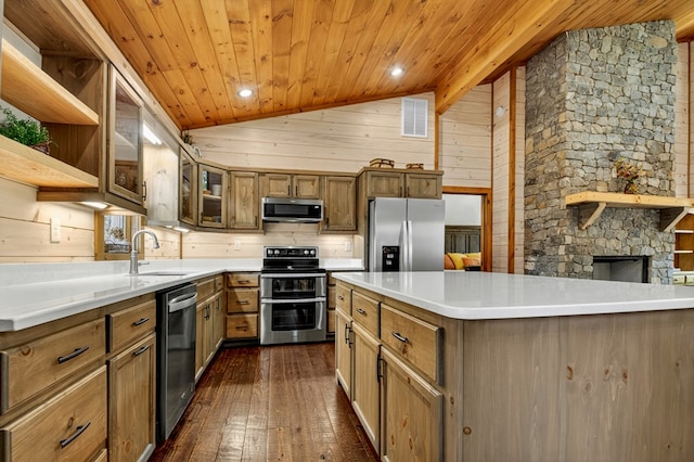 558 Tipton Springs Rd, Morganton, GA 30560 - kitchen featuring stainless steel appliances, a sink, wooden ceiling, vaulted ceiling, and wood walls