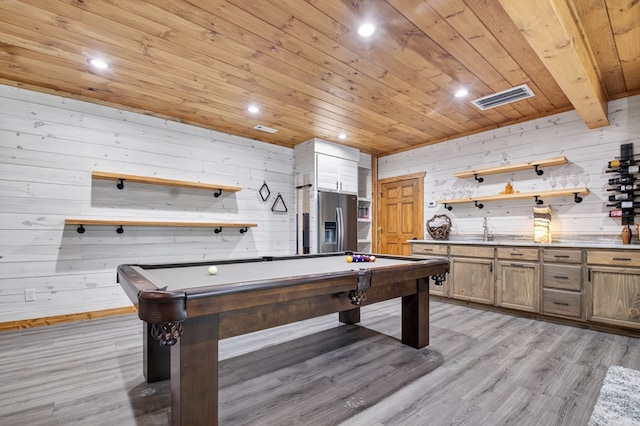 558 Tipton Springs Rd, Morganton, GA 30560 - recreation room featuring wooden ceiling, pool table, light wood-type flooring, a sink, and wood walls