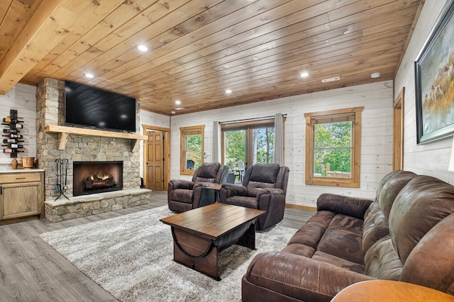558 Tipton Springs Rd, Morganton, GA 30560 - living room with wooden ceiling, light wood-type flooring, recessed lighting, a fireplace, and wood walls