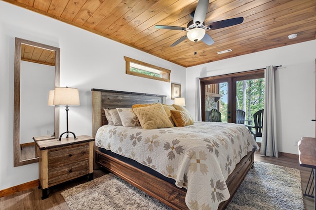 558 Tipton Springs Rd, Morganton, GA 30560 - bedroom featuring access to exterior, baseboards, wooden ceiling, wood finished floors, and ceiling fan