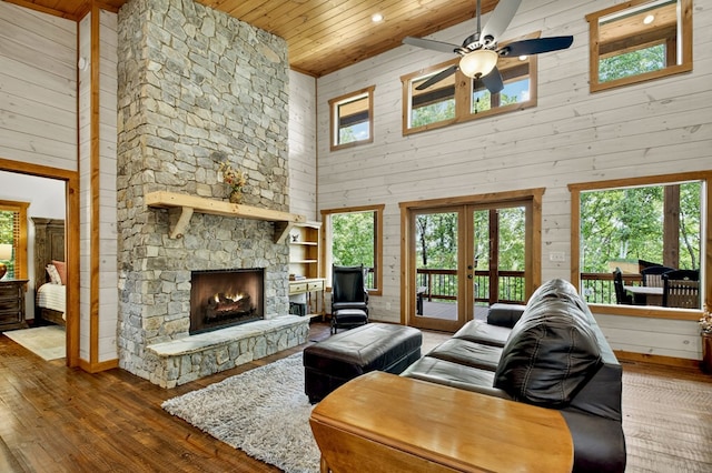 558 Tipton Springs Rd, Morganton, GA 30560 - living area with a towering ceiling, wooden ceiling, plenty of natural light, ceiling fan, and wood-type flooring
