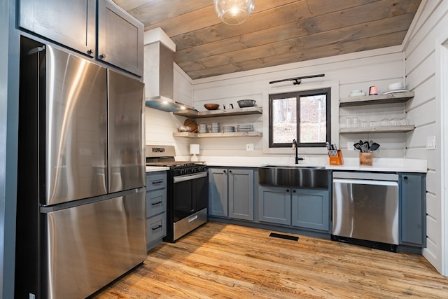 kitchen with stainless steel appliances, light wood-type flooring, wall chimney range hood, wood ceiling, and sink