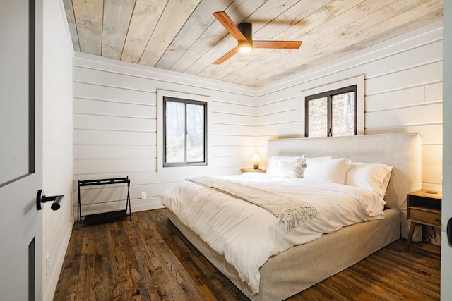 bedroom featuring multiple windows, dark hardwood / wood-style floors, and wood ceiling