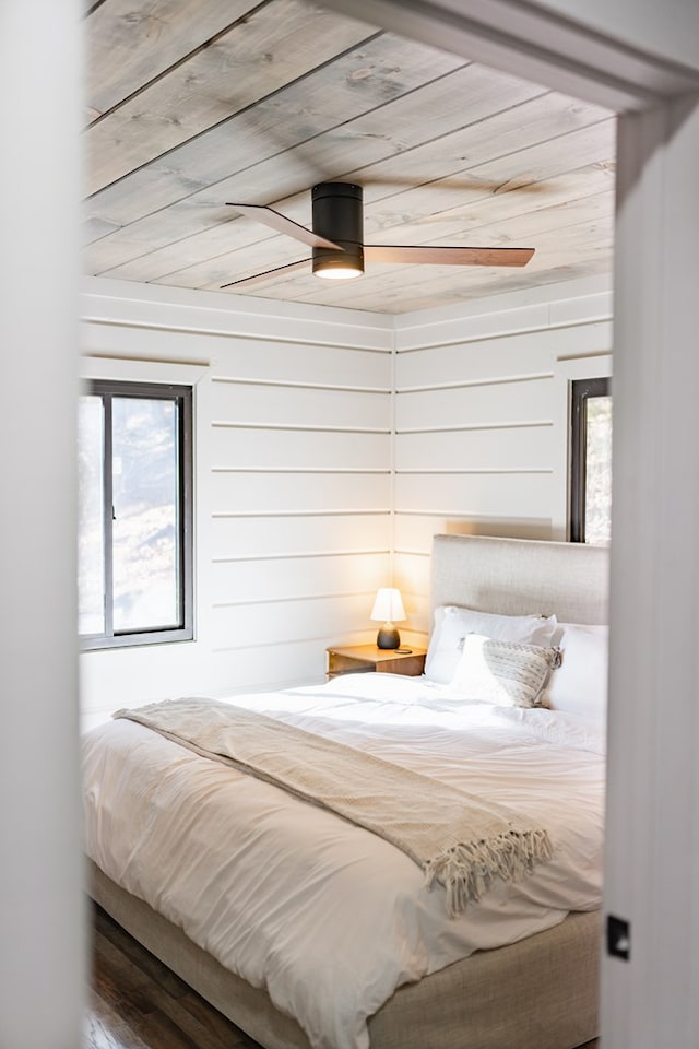 bedroom with ceiling fan and wood ceiling