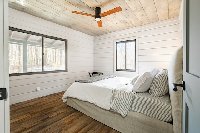 bedroom with dark wood-type flooring, multiple windows, and wood ceiling