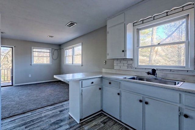 kitchen with sink, dark hardwood / wood-style floors, kitchen peninsula, decorative backsplash, and white cabinets