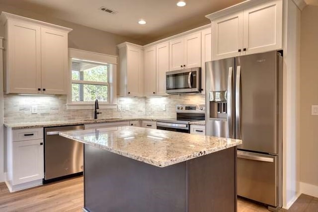 kitchen with backsplash, white cabinets, a kitchen island, and stainless steel appliances