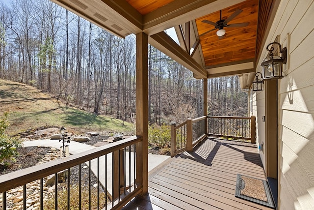 deck with covered porch and ceiling fan