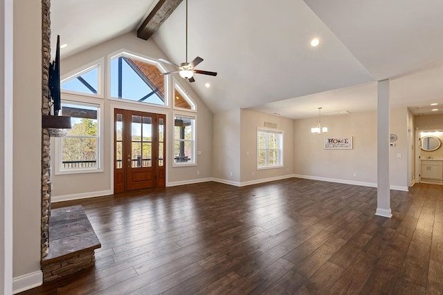 entrance foyer featuring beam ceiling, baseboards, and dark wood-style flooring