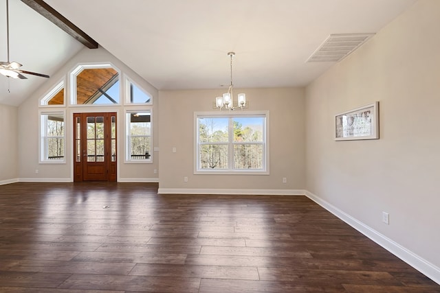 interior space with a wealth of natural light, baseboards, visible vents, and dark wood-style flooring