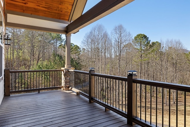 wooden terrace with a wooded view