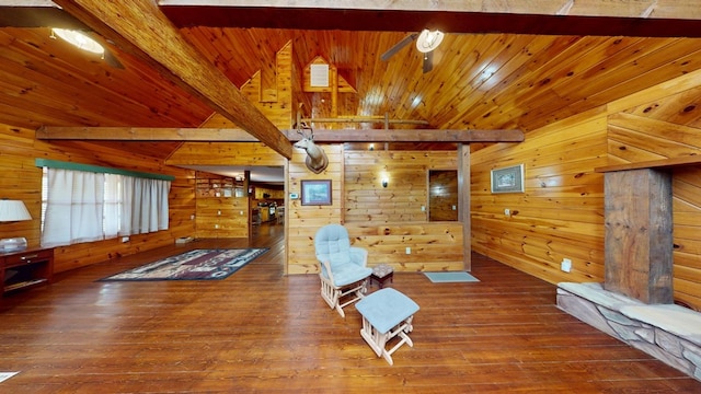 unfurnished living room featuring wooden ceiling, hardwood / wood-style flooring, lofted ceiling with beams, and wood walls