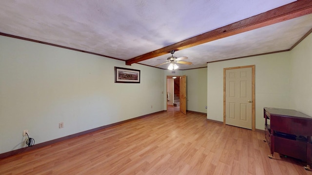 spare room featuring ornamental molding, beamed ceiling, light wood-style floors, baseboards, and ceiling fan
