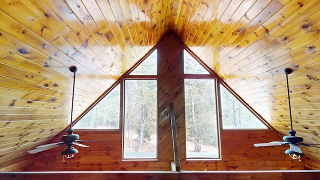 details featuring a ceiling fan, wood walls, and wood ceiling