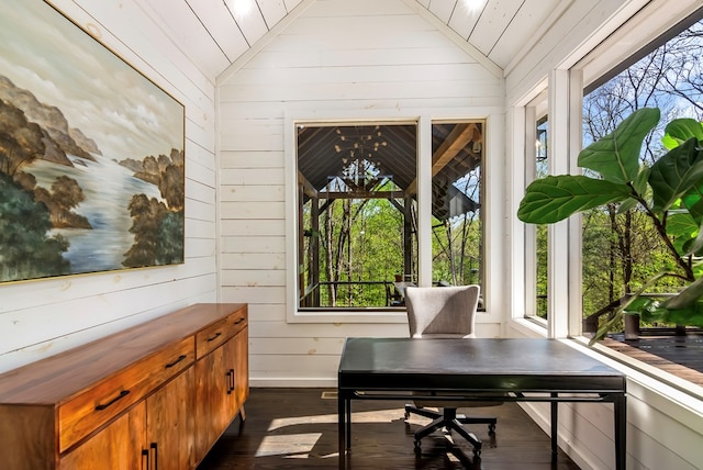 office featuring plenty of natural light, dark wood-style floors, and lofted ceiling