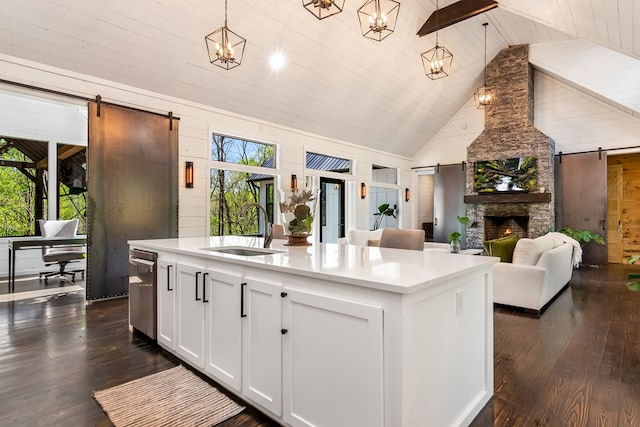 kitchen featuring a barn door, a sink, dark wood-style flooring, and open floor plan