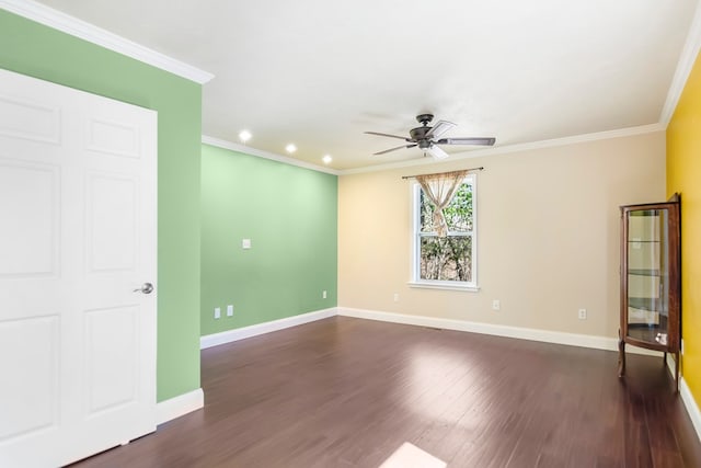 1575 Old Burnt Mountain Rd, Jasper, GA 30143 - spare room with ceiling fan, crown molding, baseboards, dark wood-style flooring, and recessed lighting