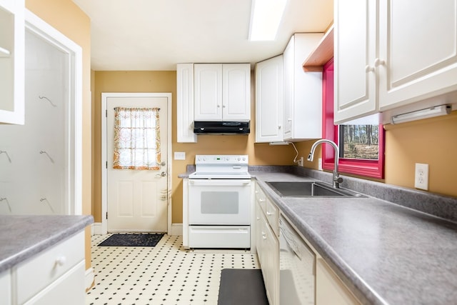 1575 Old Burnt Mountain Rd, Jasper, GA 30143 - kitchen featuring white appliances, a sink, under cabinet range hood, white cabinetry, and baseboards