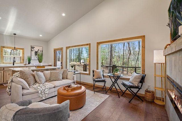 366 Three Oaks Dr, Morganton, GA 30559 - living area with high vaulted ceiling, a glass covered fireplace, recessed lighting, and hardwood / wood-style flooring