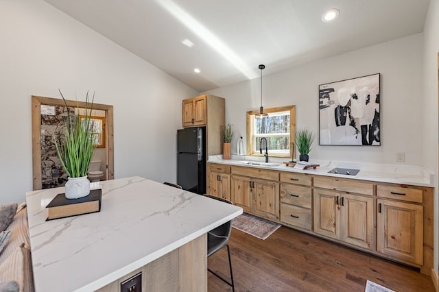 366 Three Oaks Dr, Morganton, GA 30559 - kitchen with dark wood-style flooring, freestanding refrigerator, a breakfast bar area, lofted ceiling, and a sink